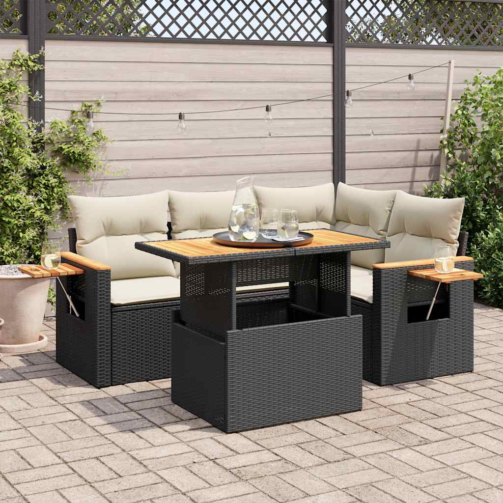 5 Pcs conjunto sofás de jardim com almofadões acácia e vime PE