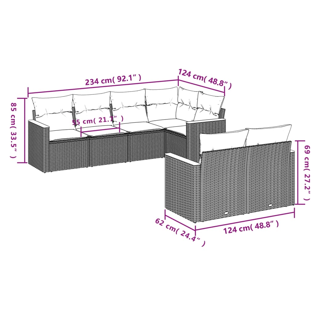 7 Pcs conjunto de sofás p/ jardim c/ almofadões vime PE preto