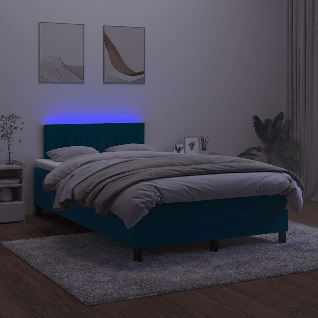 Cama box spring c/ colchão/LED 120x200 cm veludo azul-escuro