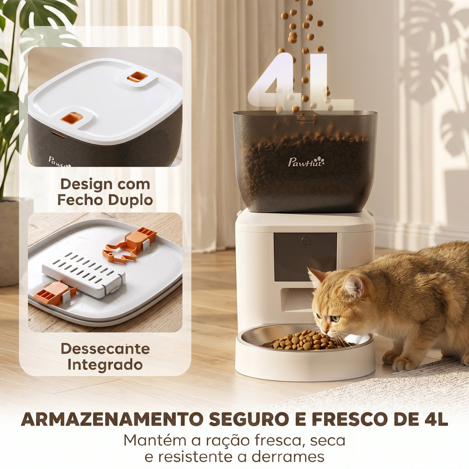 Alimentador automático 4l com Wi-Fi 2.4g para gatos e cães com aplicação tuya e gravação de voz de 10s
