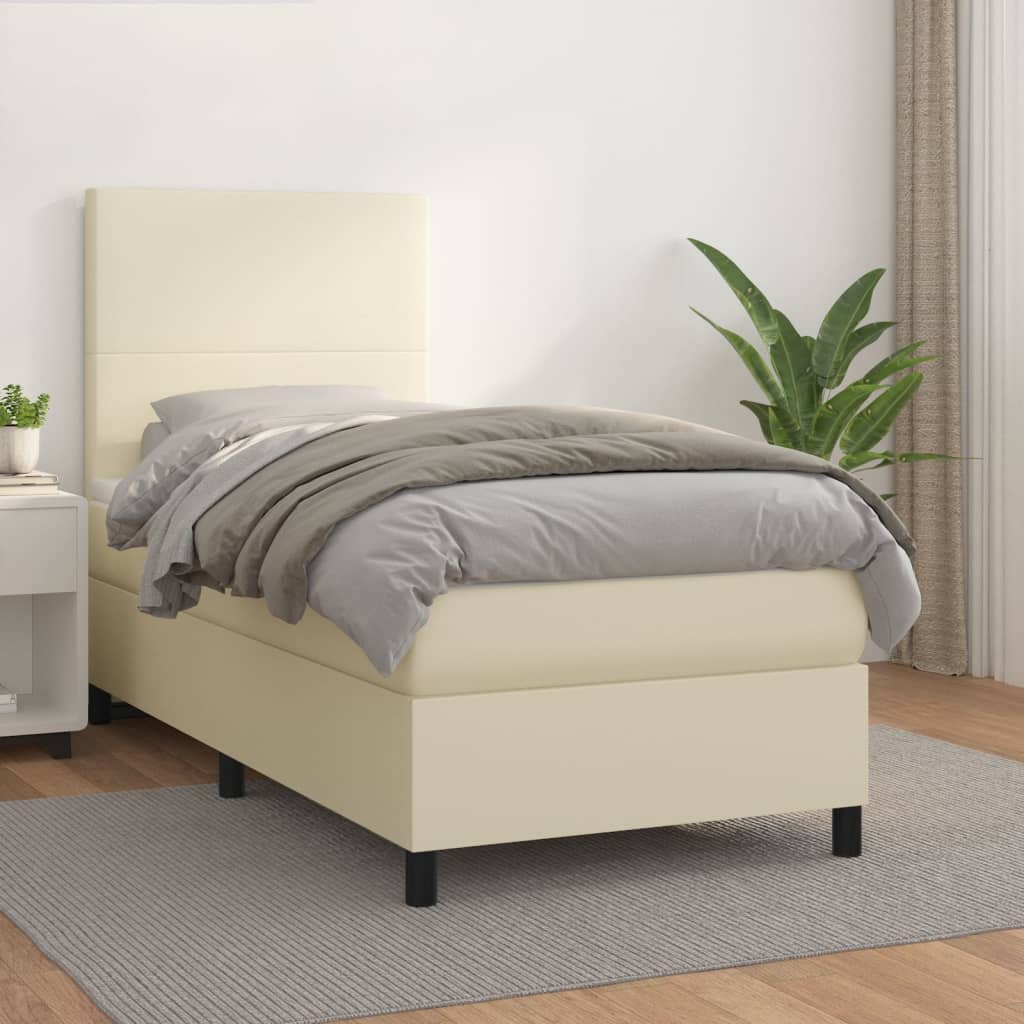 Cama com molas/colchão 90x190 cm couro artificial cor creme