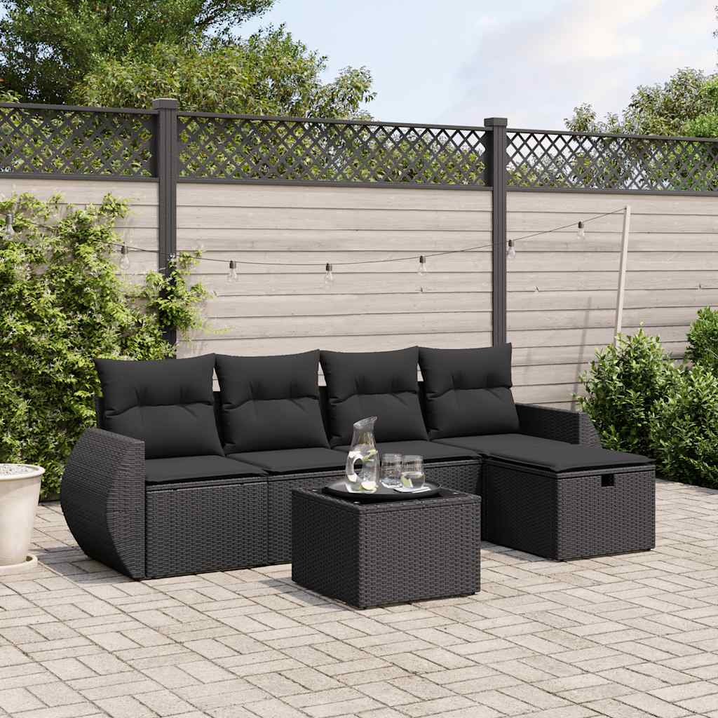 6 Pcs conjunto sofás de jardim c/ almofadões vime PE preto