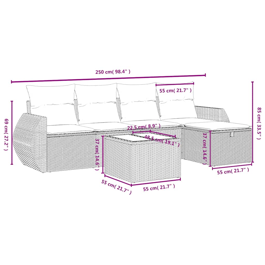 6 Pcs conjunto sofás de jardim c/ almofadões vime PE preto