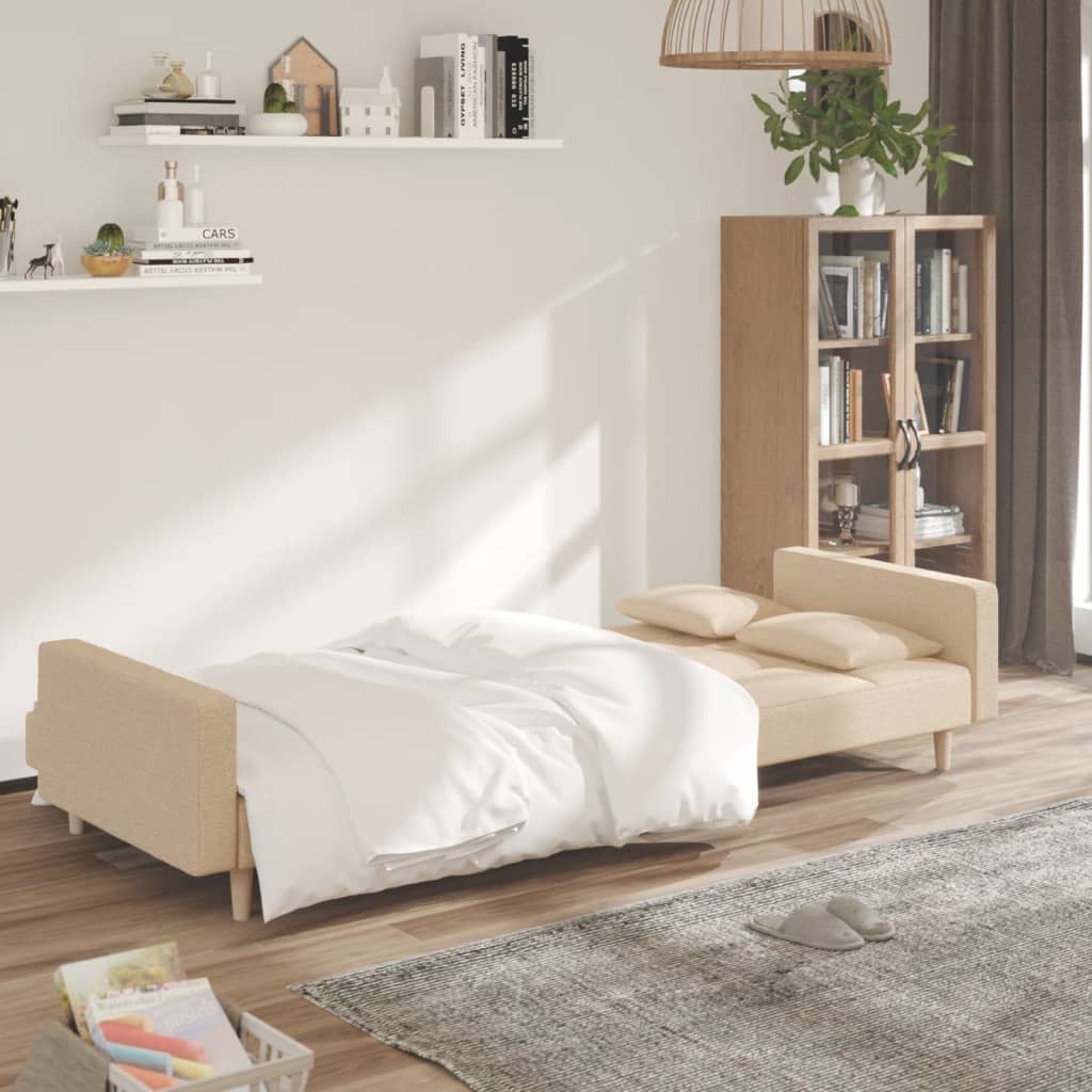 Sofá-cama 2 lugares com duas almofadas tecido cor creme
