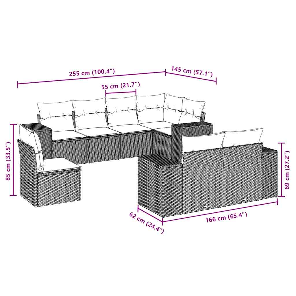 8 Pcs conjunto sofás de jardim com almofadões vime PE preto