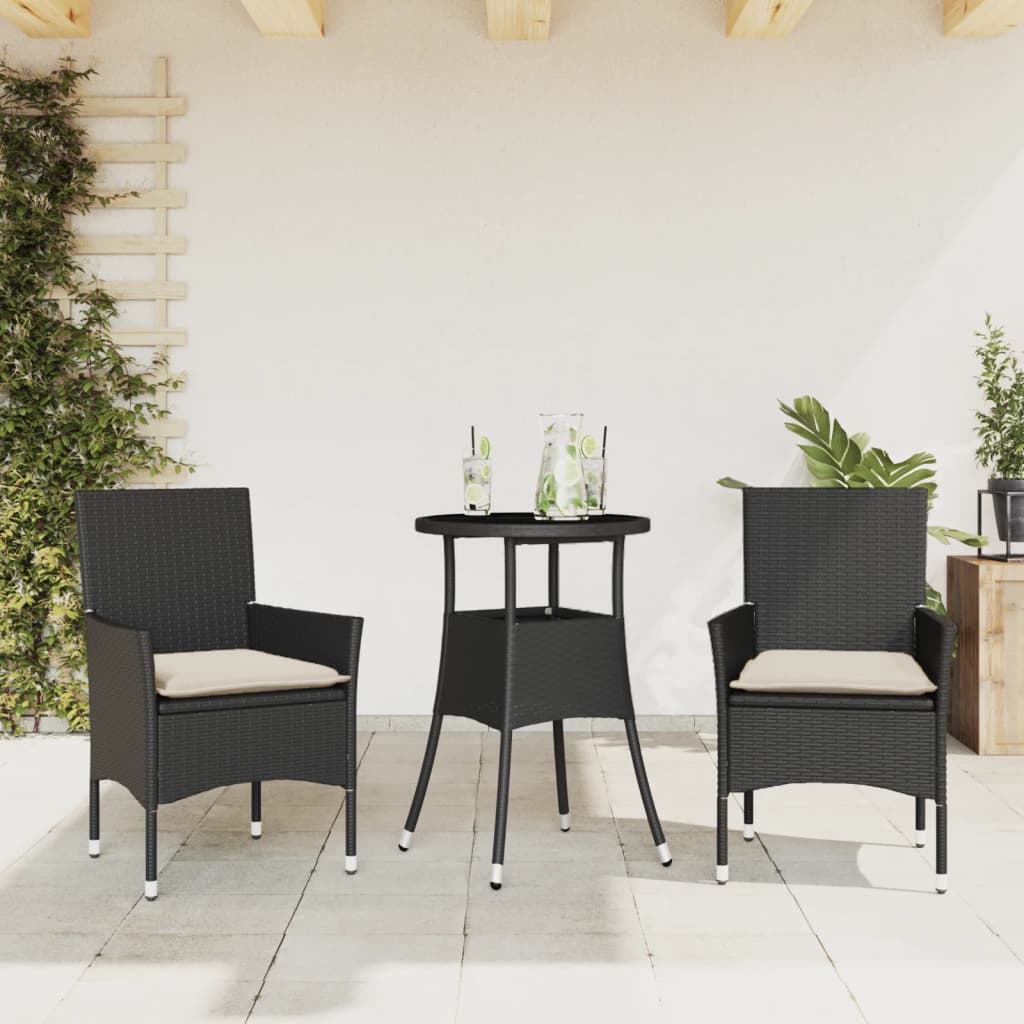 3 Pcs conjunto jantar jardim c/ almofadões vime PE/vidro preto