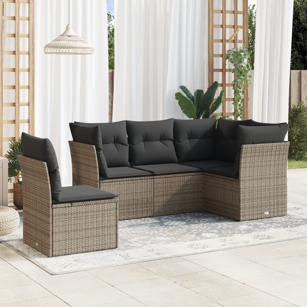 5 Pcs conjunto sofás de jardim c/ almofadões vime PE cinzento