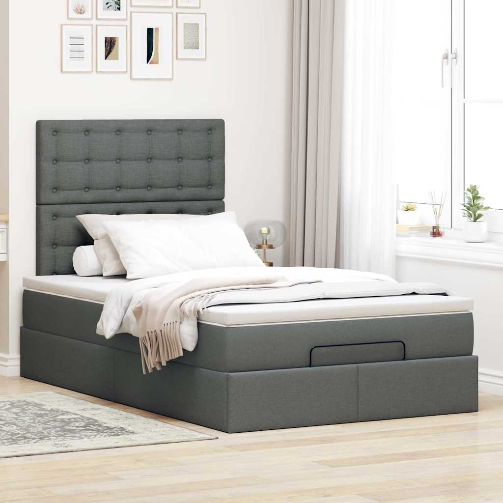 Estrutura de cama otomana com colchão cinza escuro tecido