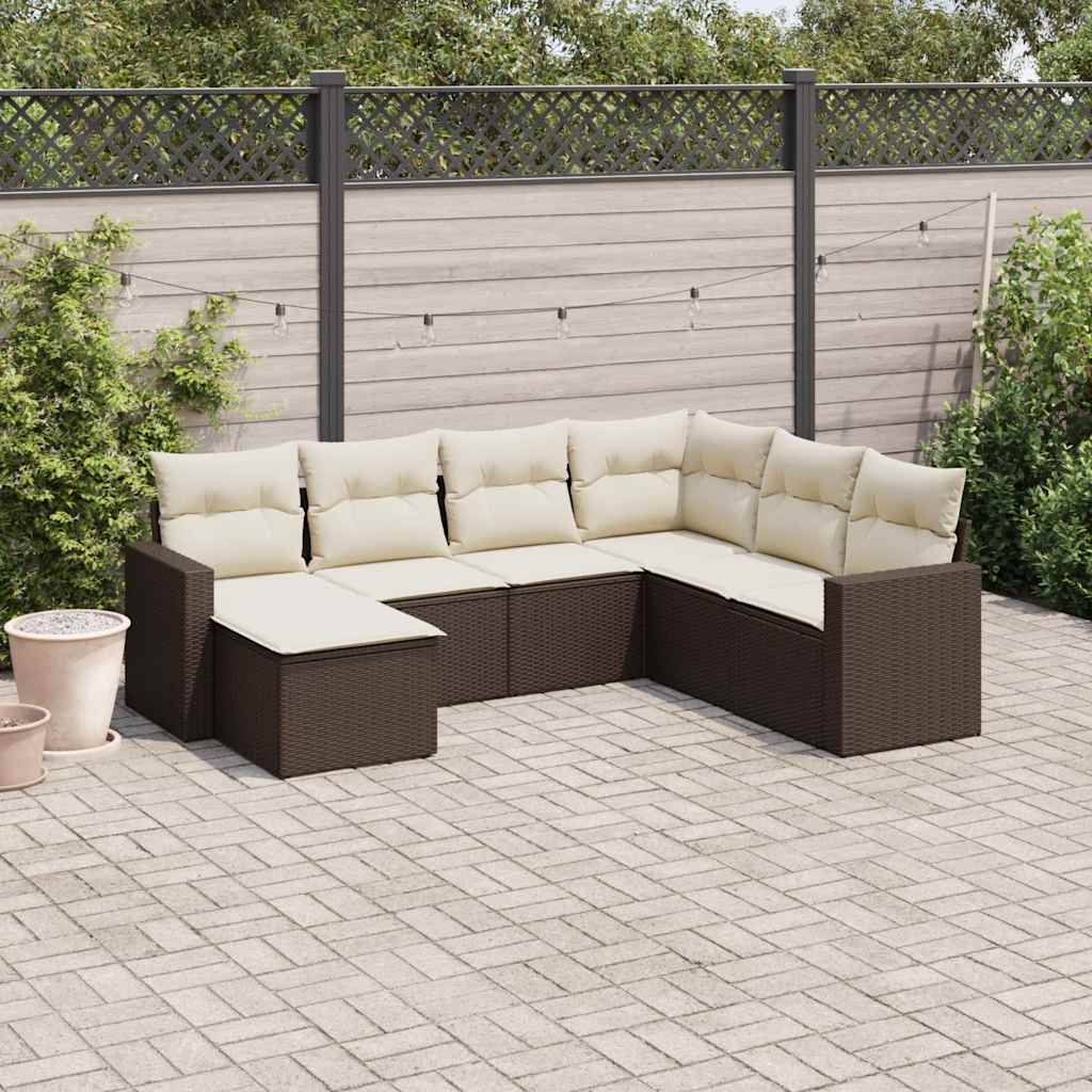 7 Pcs conjunto de sofás jardim c/ almofadões vime PE castanho