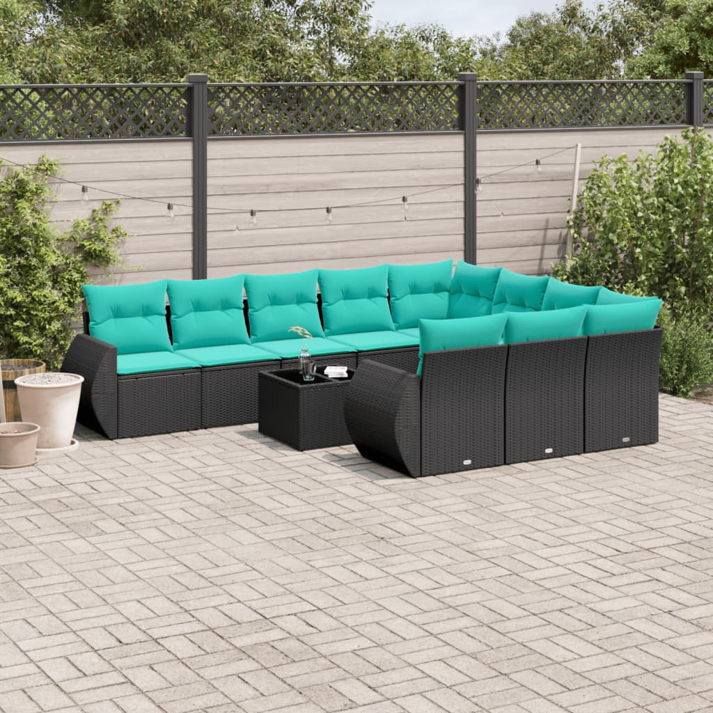 Conjunto de sofá de jardim com 11 peças e almofadas em rattan sintético preto