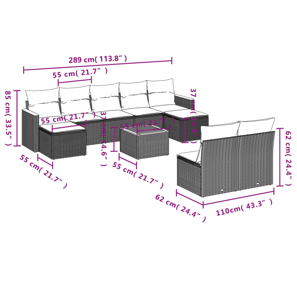 10 Pcs conjunto sofás de jardim c/ almofadões vime PE cinzento