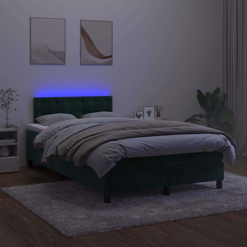 Cama box spring com colchão e luzes LED veludo verde-escuro