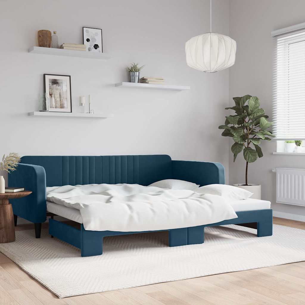Sofá-cama com gavetão 100x200 cm veludo azul