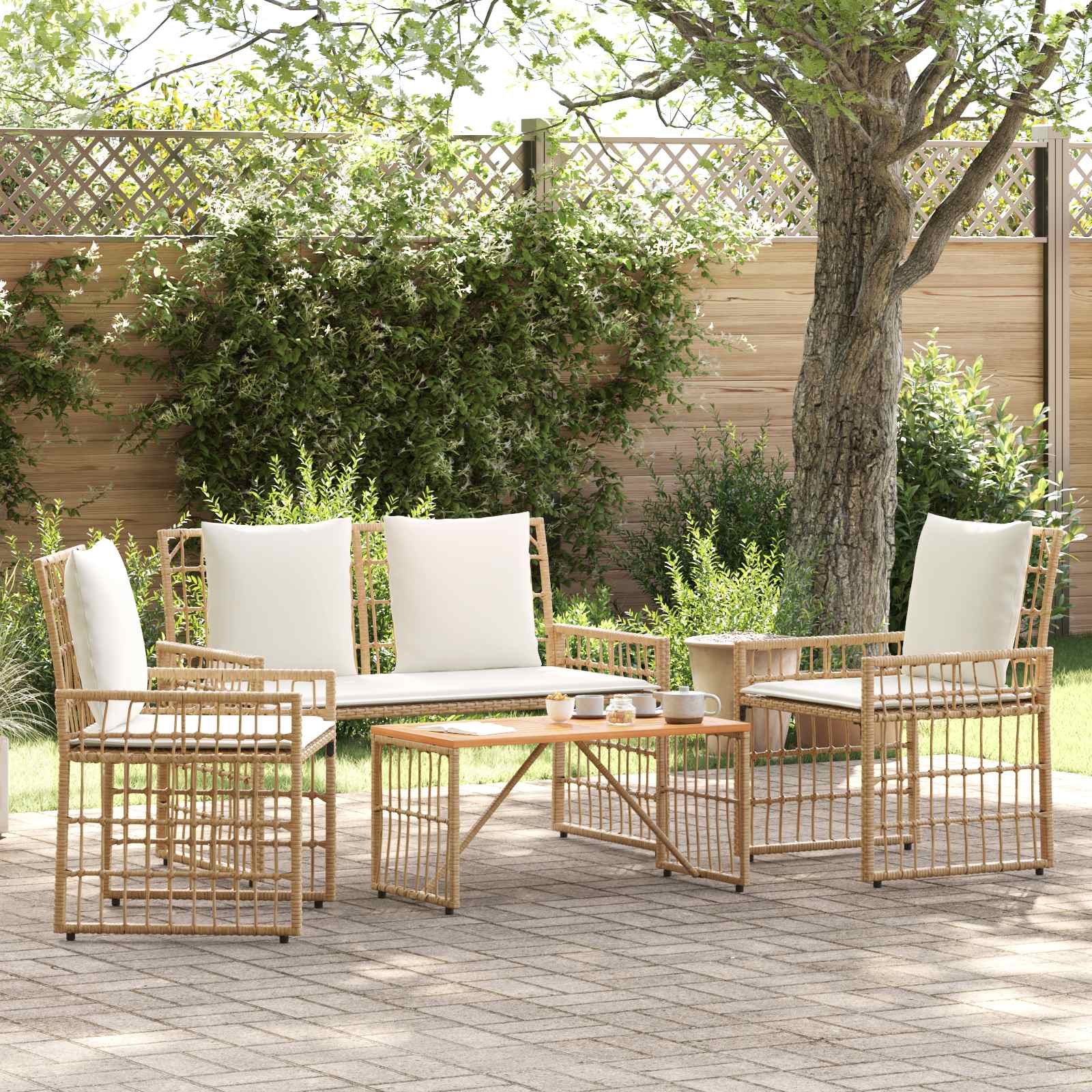 Conjunto de móveis para exterior 4 unid. natural e branco creme