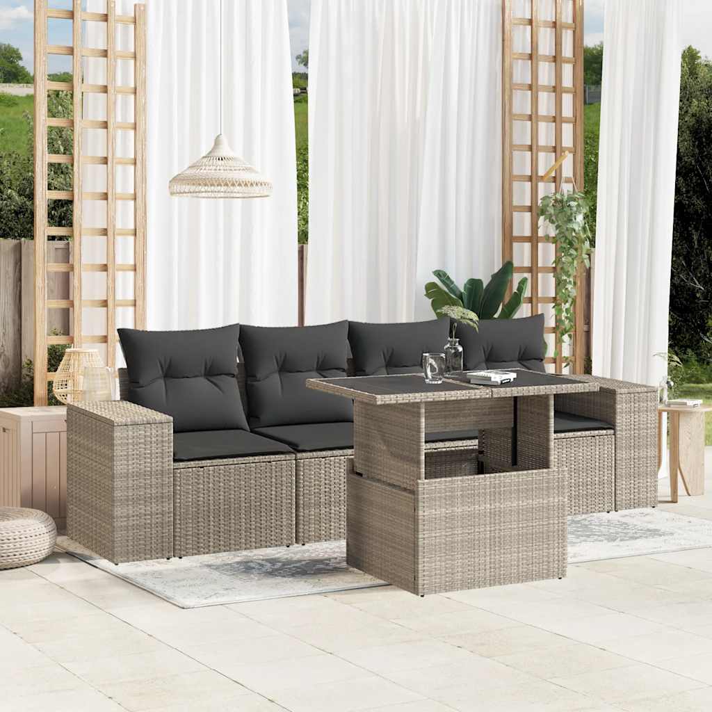 5 Pcs conj. sofás jardim c/ almofadões vime PE cinzento-claro