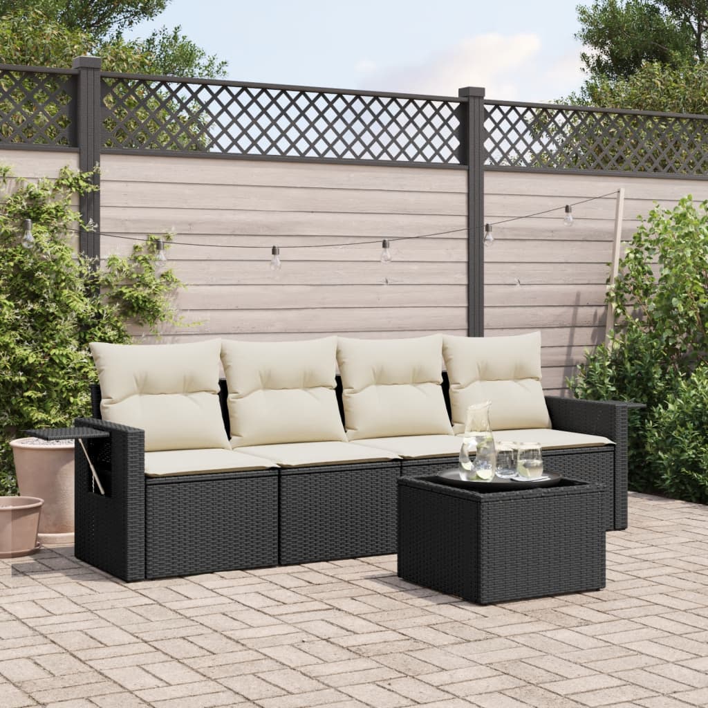 5 Pcs conjunto sofás de jardim com almofadões vime PE preto