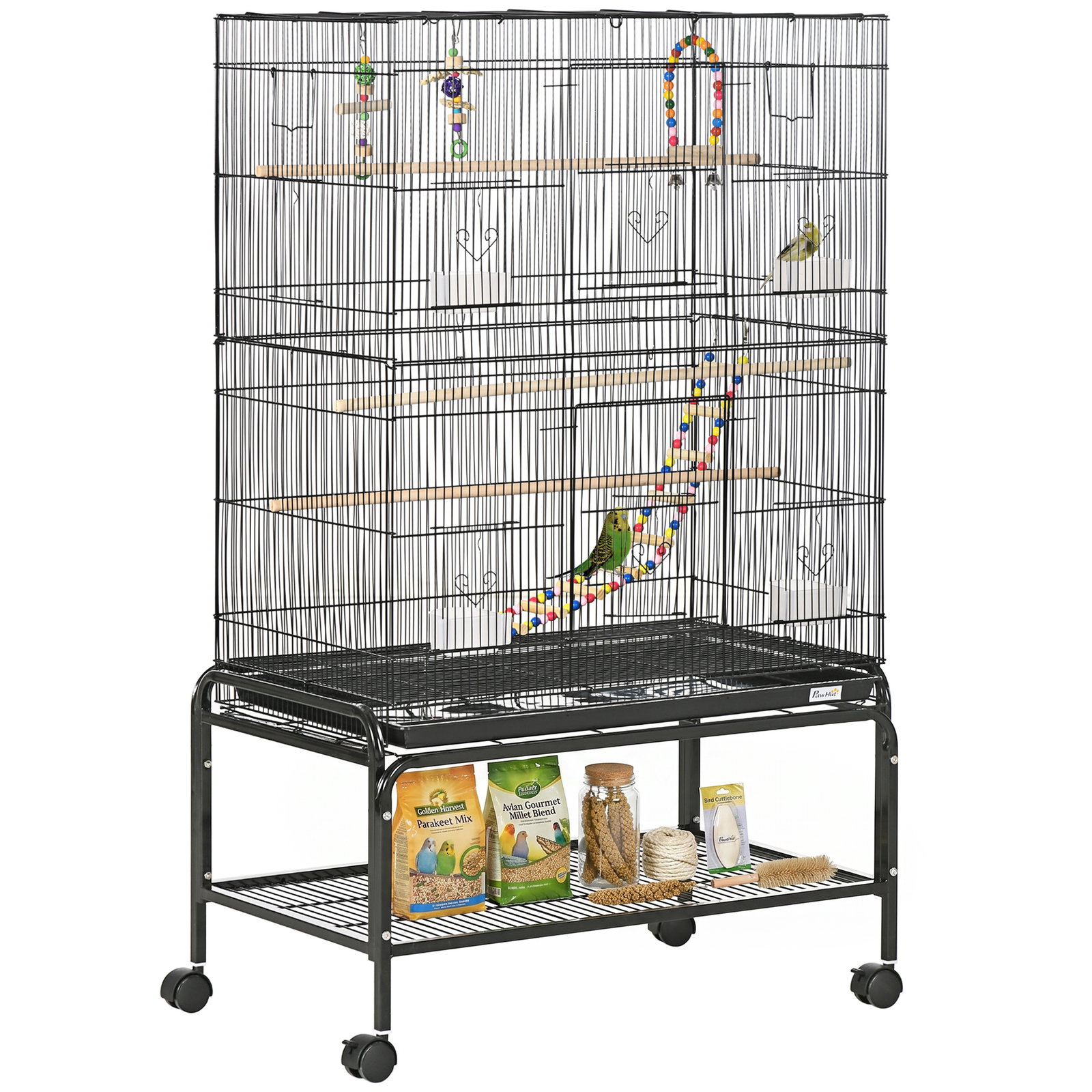 Gaiola para pássaros com rodas com 4 comedouros 3 poleiros brinquedos bandeja amovível e prateleira 79x49x133 cm preto
