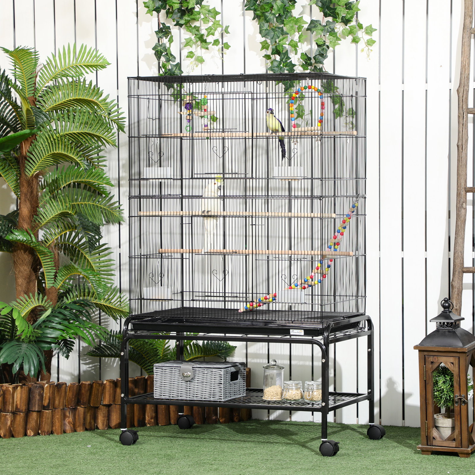 Gaiola para pássaros com rodas com 4 comedouros 3 poleiros brinquedos bandeja amovível e prateleira 79x49x133 cm preto