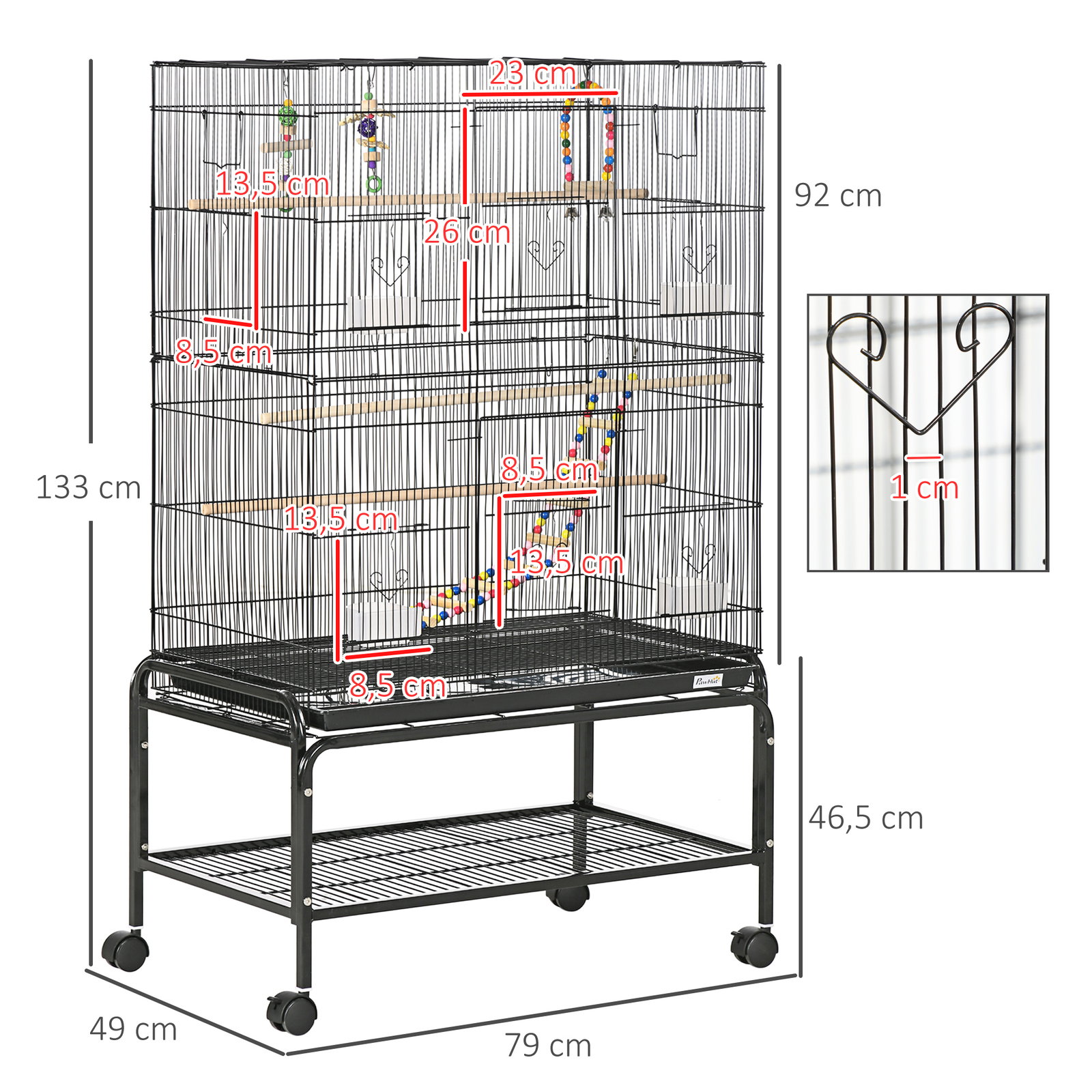 Gaiola para pássaros com rodas com 4 comedouros 3 poleiros brinquedos bandeja amovível e prateleira 79x49x133 cm preto