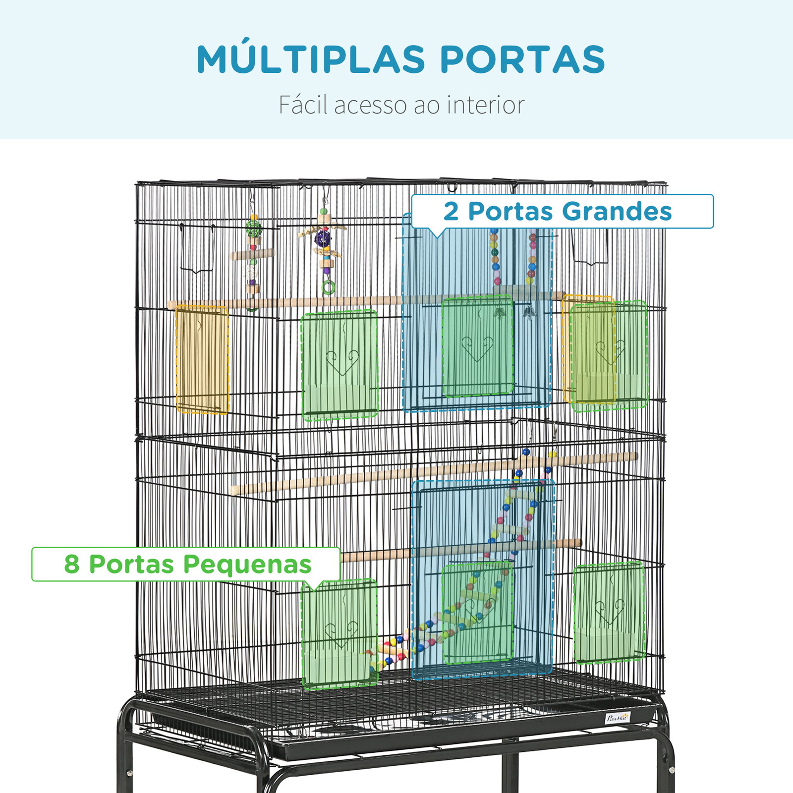 Gaiola para pássaros com rodas com 4 comedouros 3 poleiros brinquedos bandeja amovível e prateleira 79x49x133 cm preto