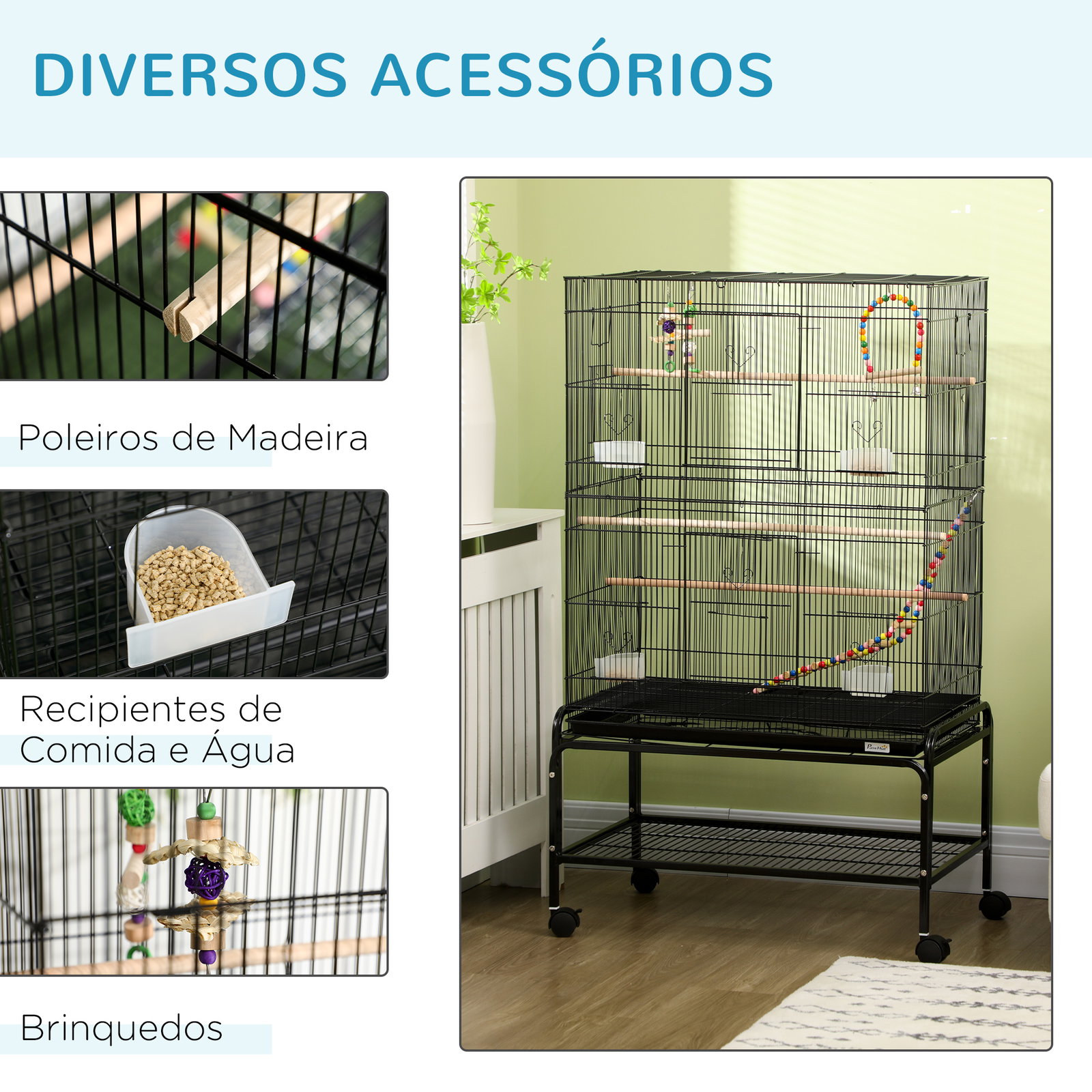 Gaiola para pássaros com rodas com 4 comedouros 3 poleiros brinquedos bandeja amovível e prateleira 79x49x133 cm preto