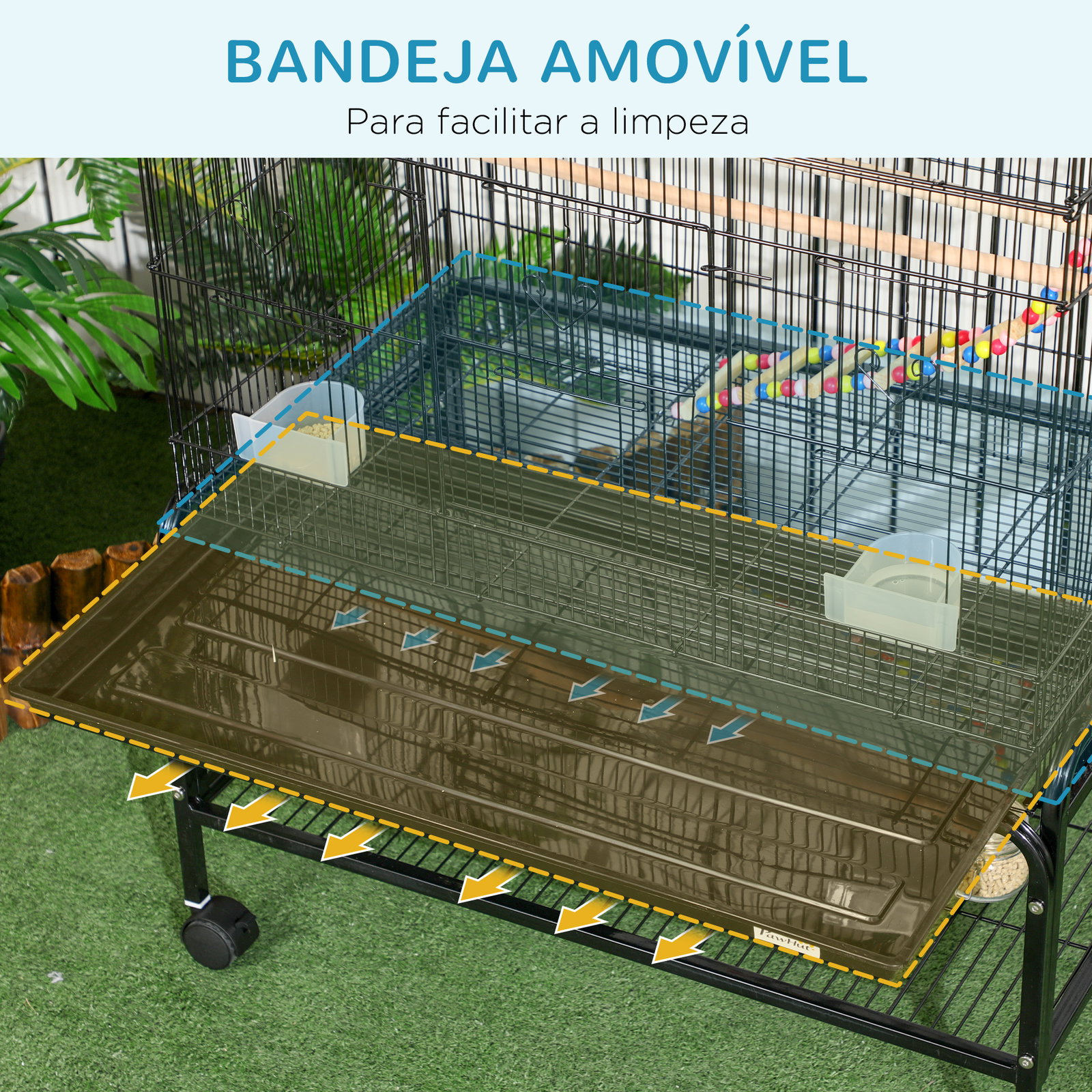 Gaiola para pássaros com rodas com 4 comedouros 3 poleiros brinquedos bandeja amovível e prateleira 79x49x133 cm preto