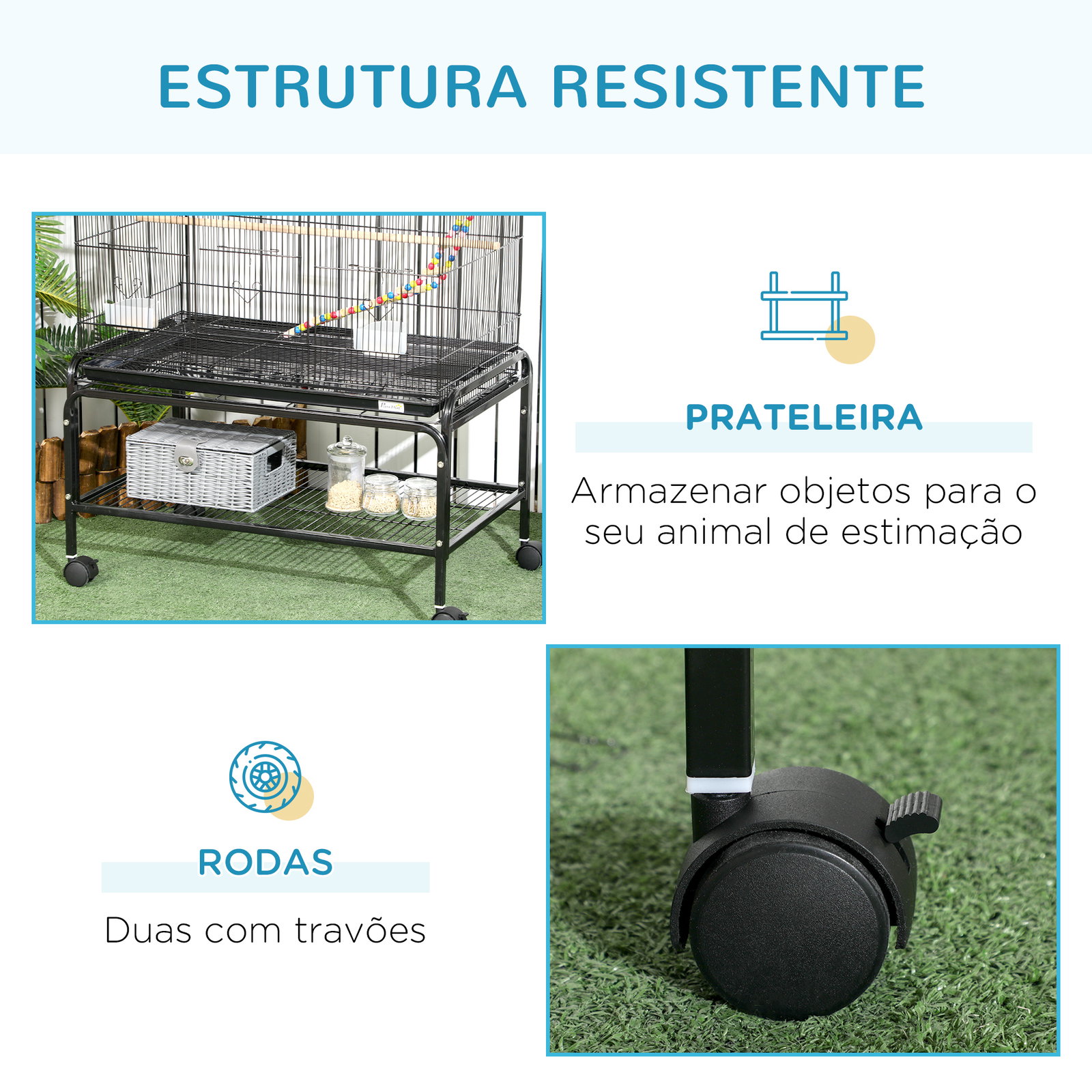 Gaiola para pássaros com rodas com 4 comedouros 3 poleiros brinquedos bandeja amovível e prateleira 79x49x133 cm preto