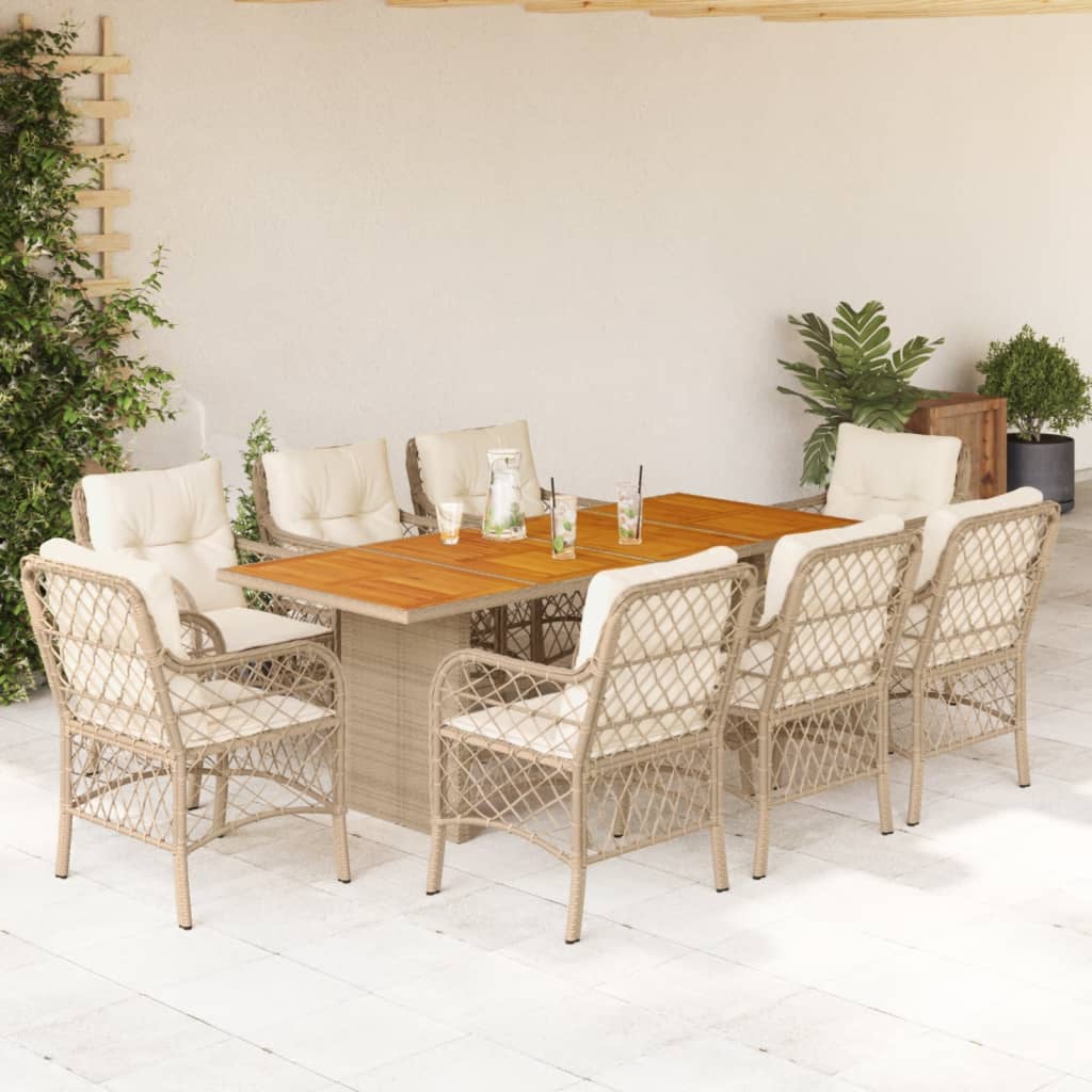 9 Pcs conjunto de jantar p/ jardim com almofadões vime PE bege