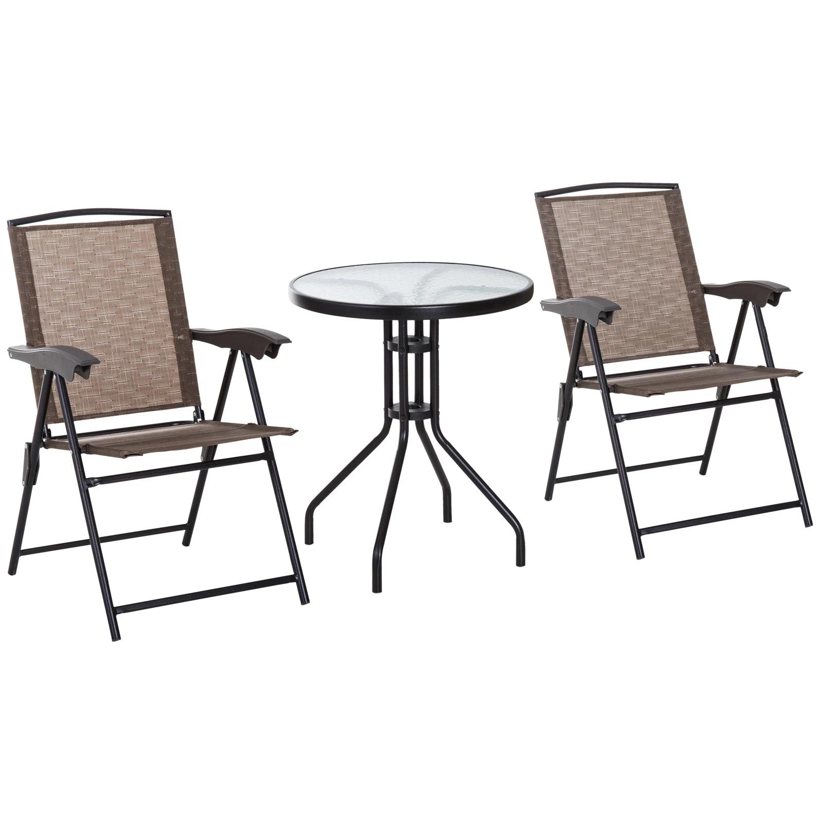 Conjunto de Mesa e 2 Cadeiras Cadeira Dobrável Encosto Reclináveis a 4 Níveis Armação de Aço Marrom