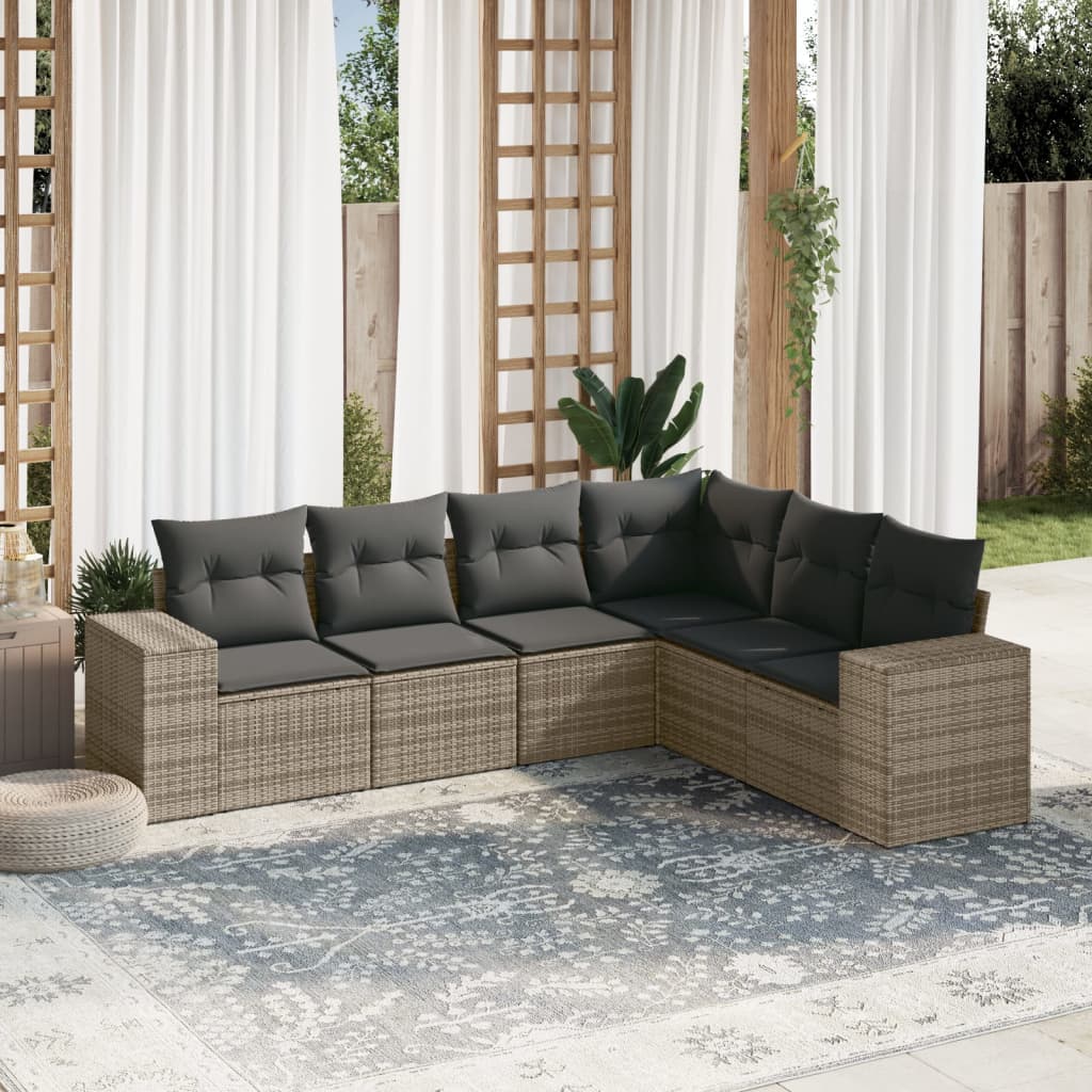 6 Pcs conjunto sofás de jardim com almofadões vime cinzento
