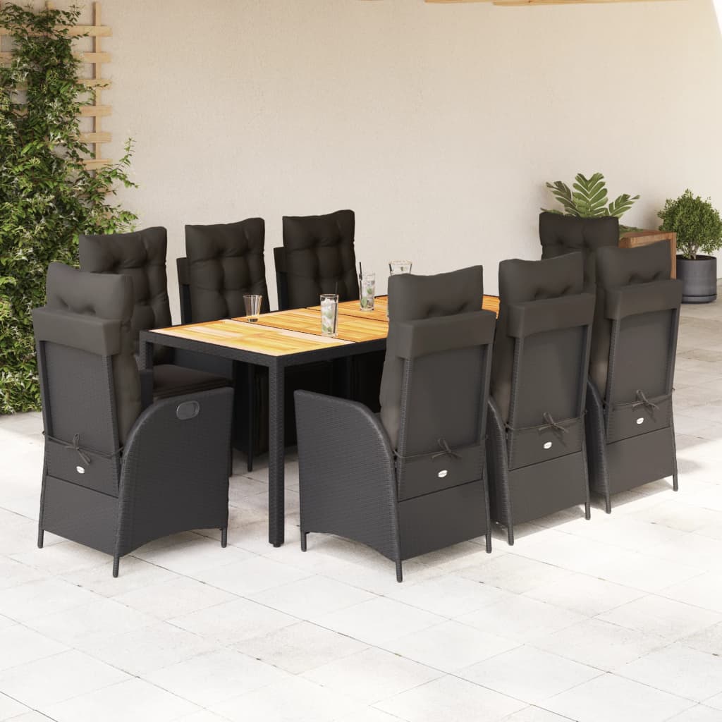 9 Pcs conjunto de jantar p/ jardim c/ almofadões vime PE preto