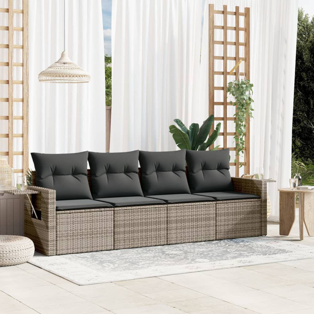 4 Pcs conjunto sofás de jardim c/ almofadões vime PE cinzento