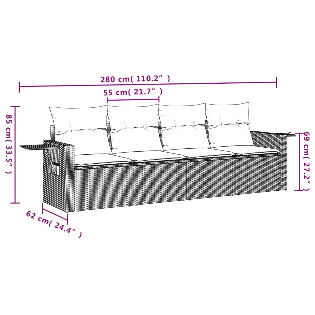 4 Pcs conjunto sofás de jardim c/ almofadões vime PE cinzento