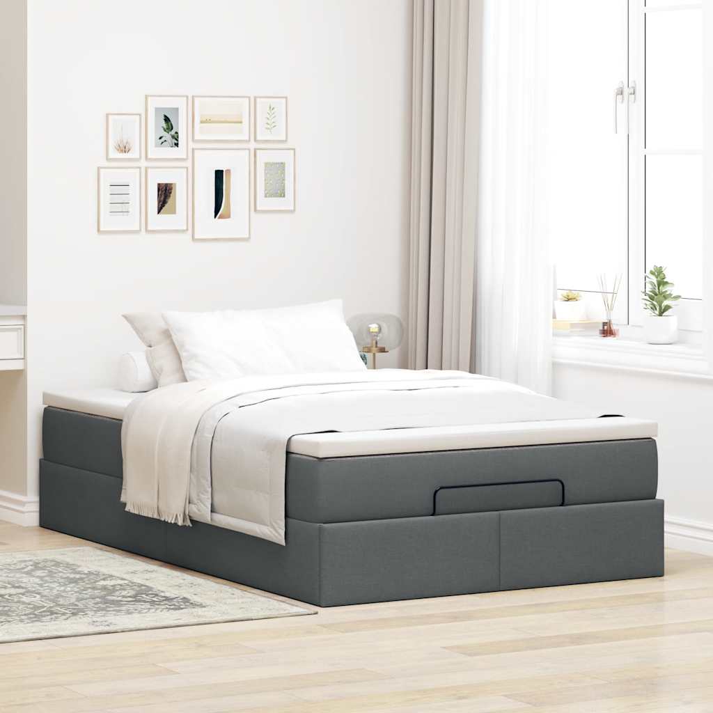 Estrutura de cama otomana com colchão cinza escuro tecido