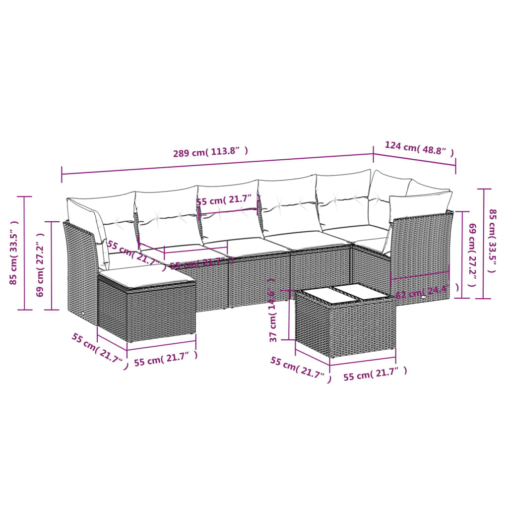 8 Pcs conjunto sofás de jardim com almofadões vime PE preto