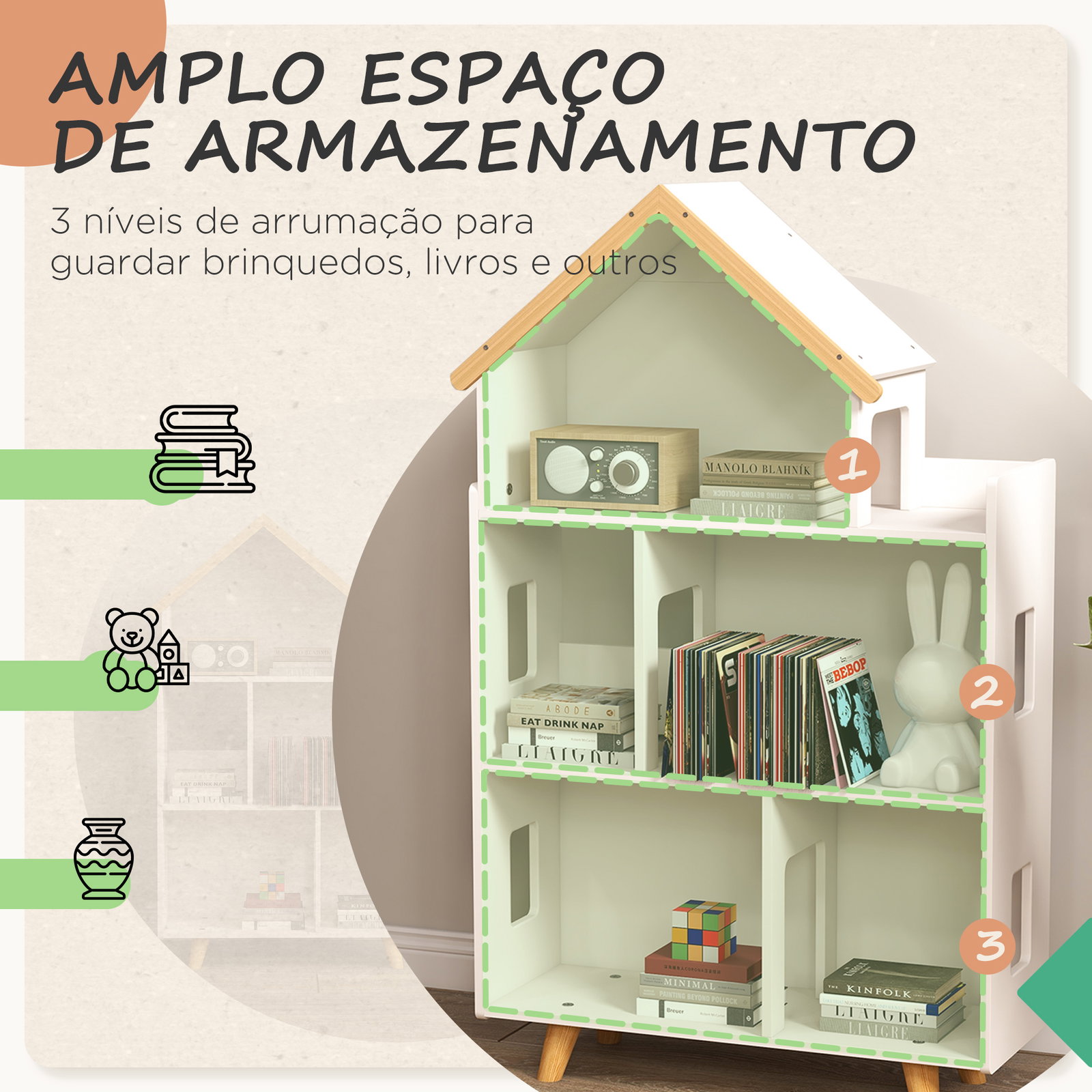 Estante para crianças organizador infantil de 3 níveis para brinquedos 65x25x108,5 cm branco