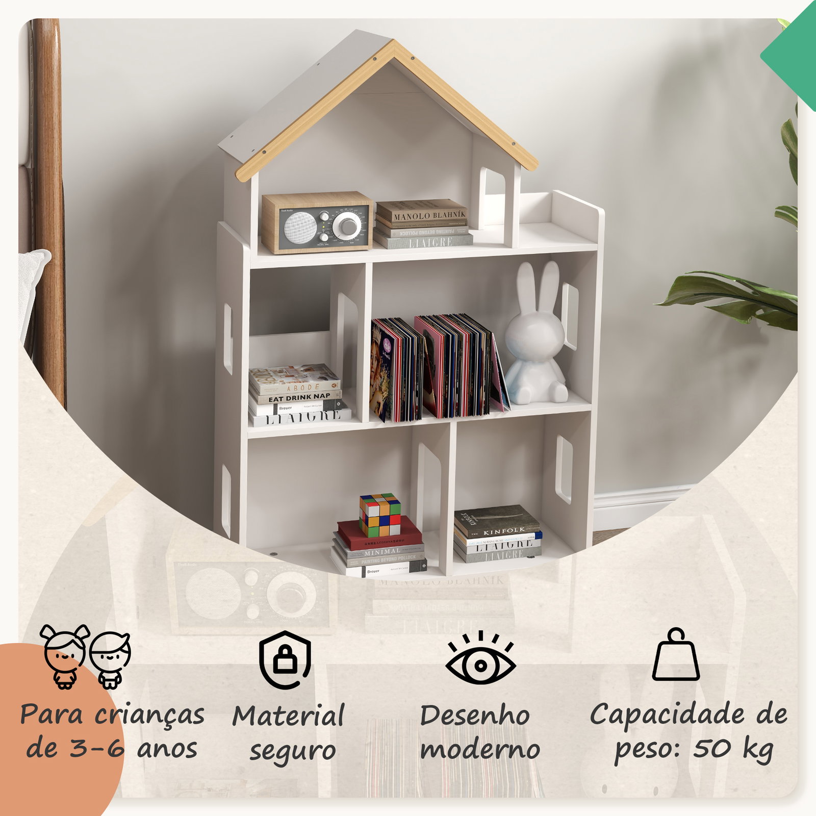 Estante para crianças organizador infantil de 3 níveis para brinquedos 65x25x108,5 cm branco