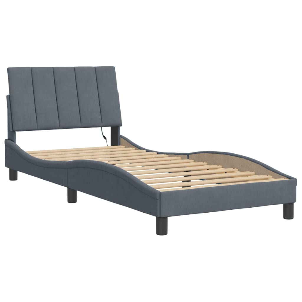 Estrutura de cama com LED sem colchão hanko 90x200 cm veludo cinza-escuro