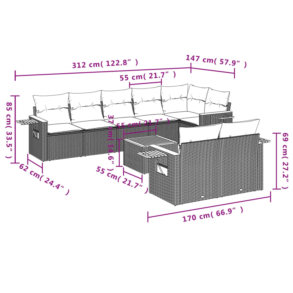 9 Pcs conjunto de sofás p/ jardim c/ almofadões vime PE preto