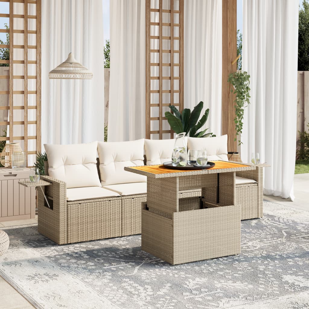 5 Pcs conjunto de sofás p/ jardim com almofadões vime PE bege