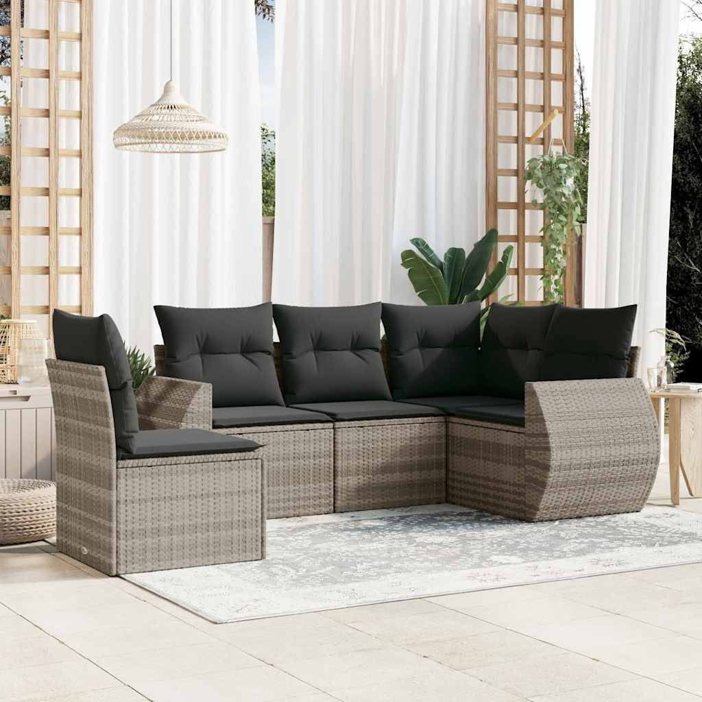 5 Pcs conj. sofás jardim c/ almofadões vime PE cinzento-claro