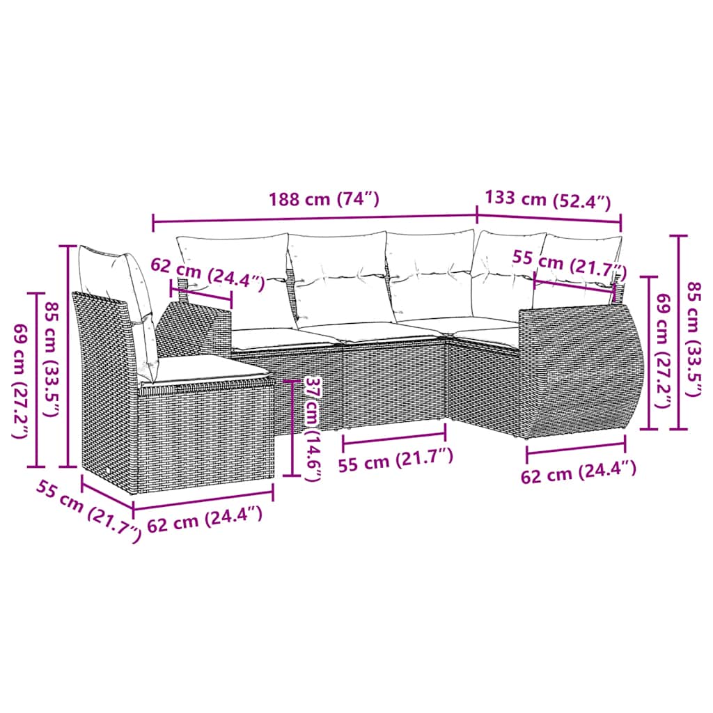 5 Pcs conj. sofás jardim c/ almofadões vime PE cinzento-claro