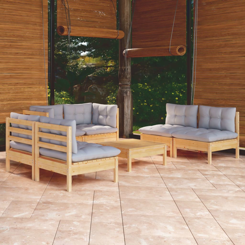 7 Pcs conjunto lounge de jardim + almofadões cinza pinho maciço