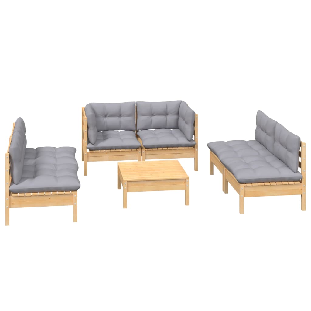 7 Pcs conjunto lounge de jardim + almofadões cinza pinho maciço