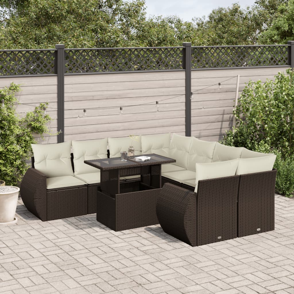 9 Pcs conjunto sofás p/ jardim c/ almofadões vime PE castanho