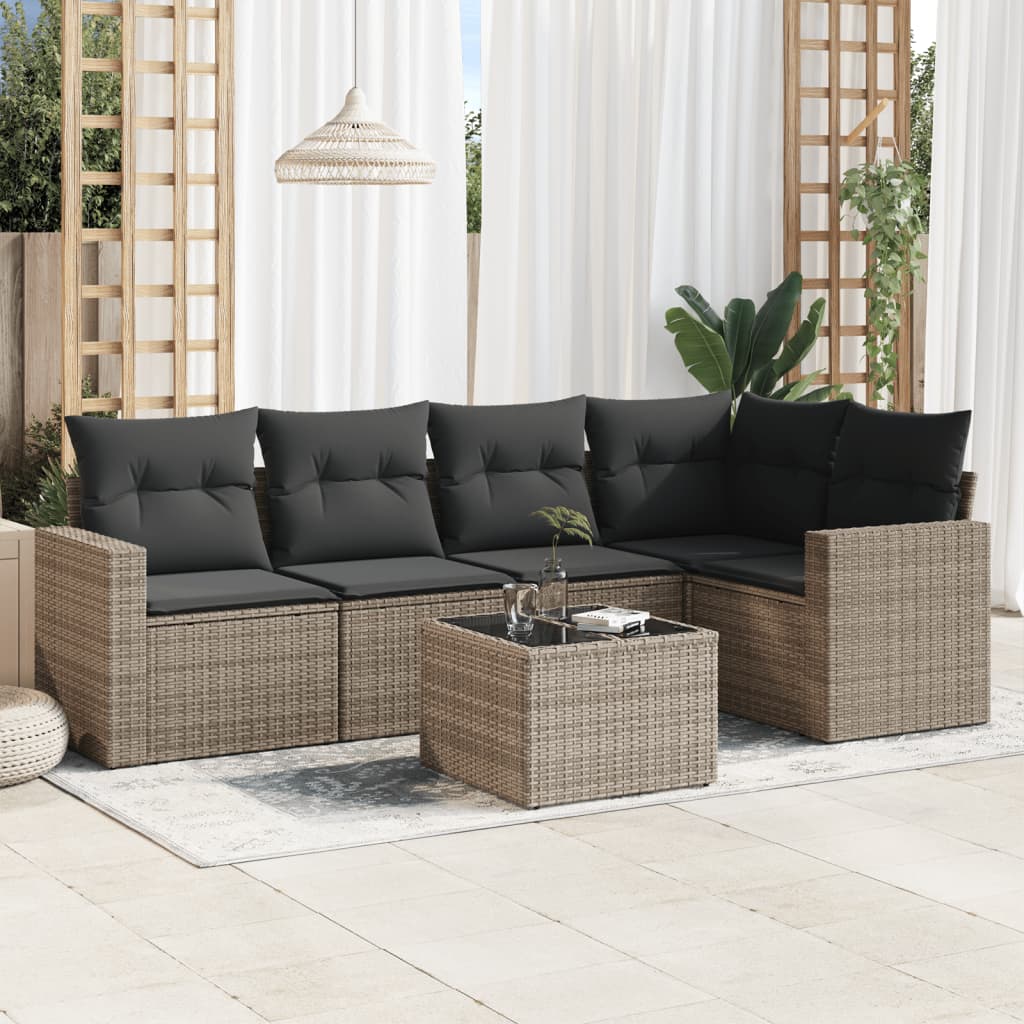 6 Pcs conjunto sofás de jardim com almofadões vime cinzento