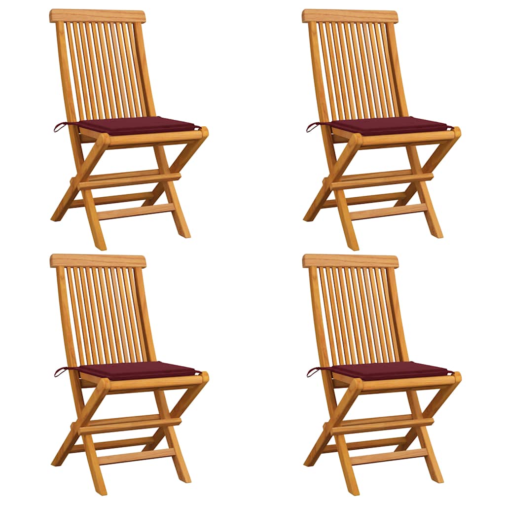 Cadeiras jardim c/ almofadões vermelho tinto 4 pcs teca maciça