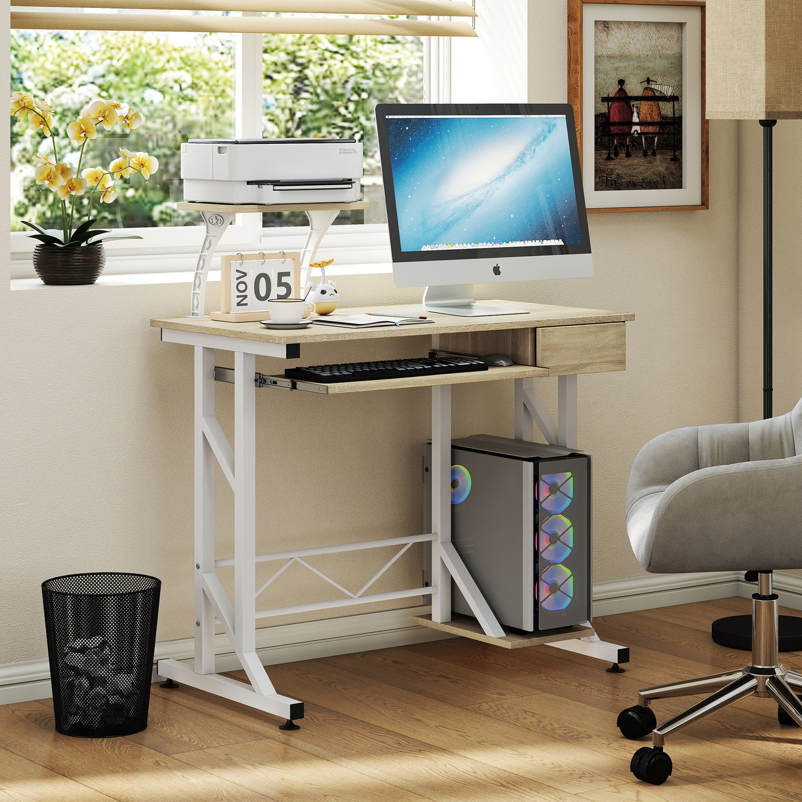 Secretária para computador com bandeja para teclado e gaveta, mesa de estudo para escritório, 90x50x100 cm, carvalho