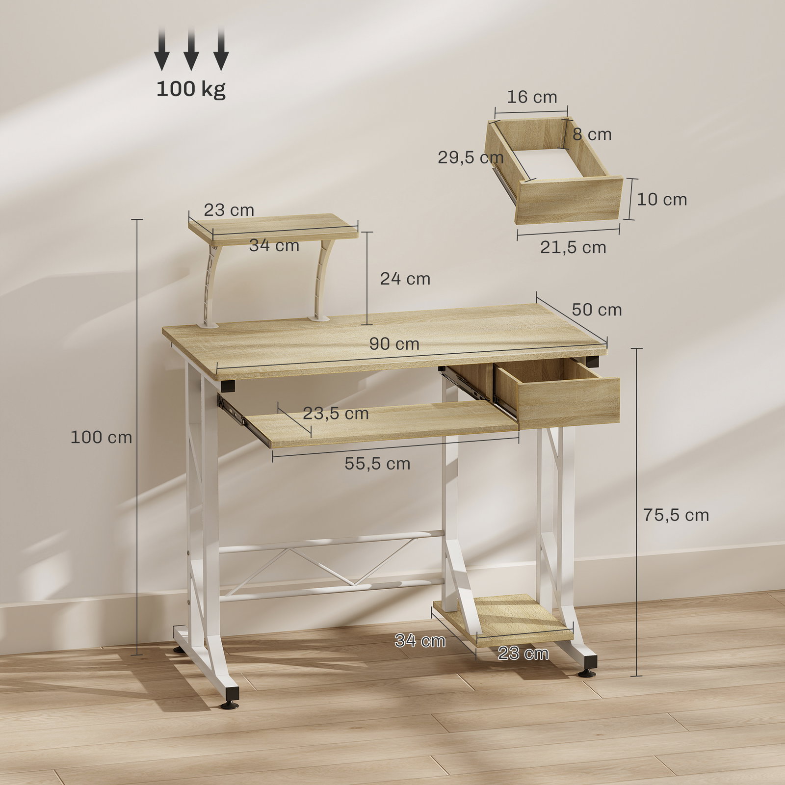 Secretária para computador com bandeja para teclado e gaveta, mesa de estudo para escritório, 90x50x100 cm, carvalho