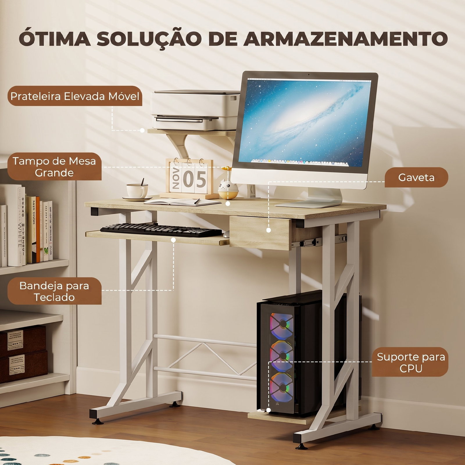 Secretária para computador com bandeja para teclado e gaveta, mesa de estudo para escritório, 90x50x100 cm, carvalho